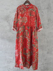 Damen Leinenkleid mit Vintage-Print und Blumentaschen