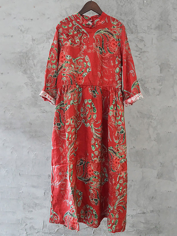 Damen Leinenkleid mit Vintage-Print und Blumentaschen