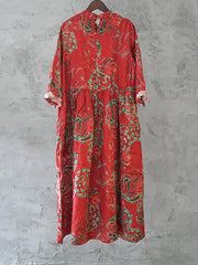 Damen Leinenkleid mit Vintage-Print und Blumentaschen