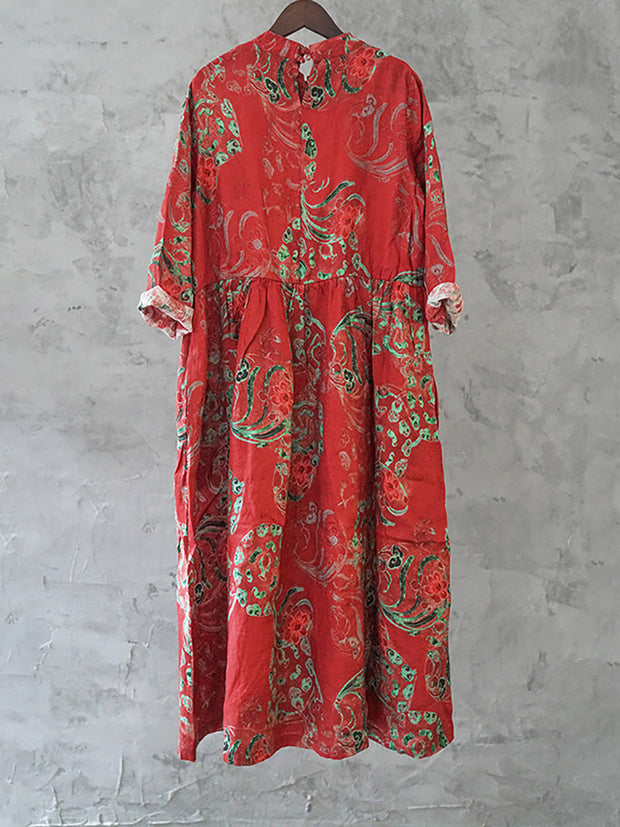 Damen Leinenkleid mit Vintage-Print und Blumentaschen