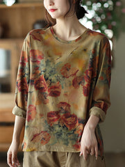 Plus Size Floral Autumn Vintage Women Loose Cotton T-Shirt