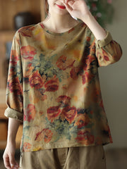 Plus Size Floral Autumn Vintage Women Loose Cotton T-Shirt