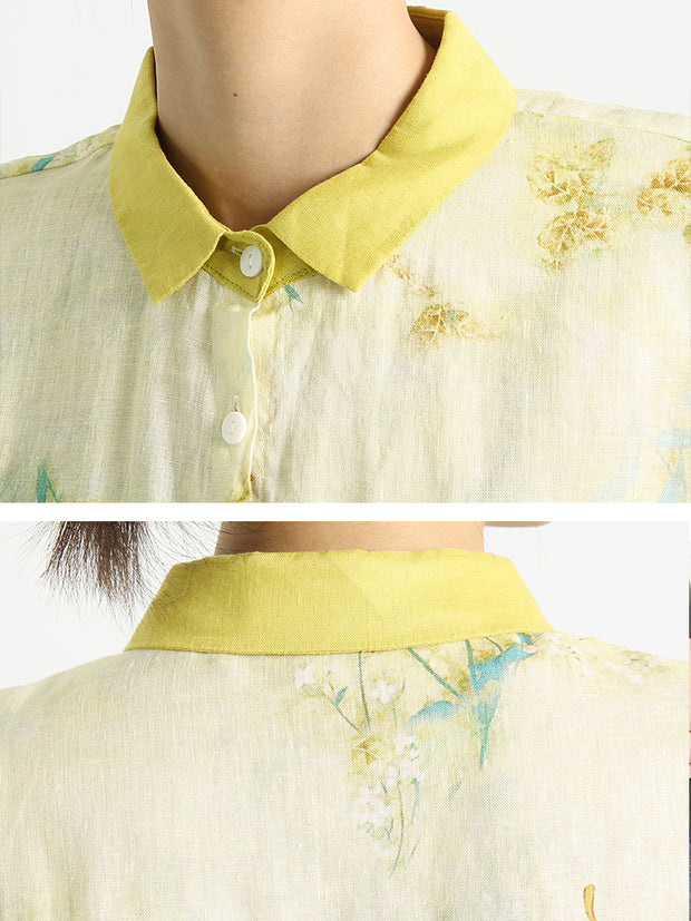 Plus Size Flower Prints Long Sleeve Women Turndown Collar Shirt