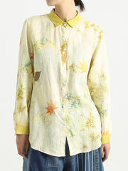 Plus Size Flower Prints Long Sleeve Women Turndown Collar Shirt