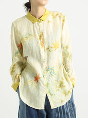 Plus Size Flower Prints Long Sleeve Women Turndown Collar Shirt