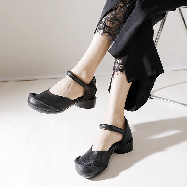 Women Retro Solid Soft Leather Buckle Shoes