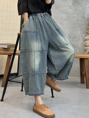 Women Artsy Washed Stitching Pocket Loose Denim Pants