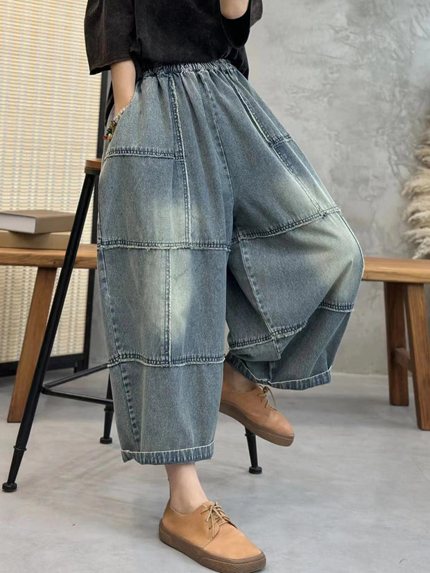Women Artsy Washed Stitching Pocket Loose Denim Pants
