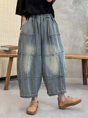 Women Artsy Washed Stitching Pocket Loose Denim Pants