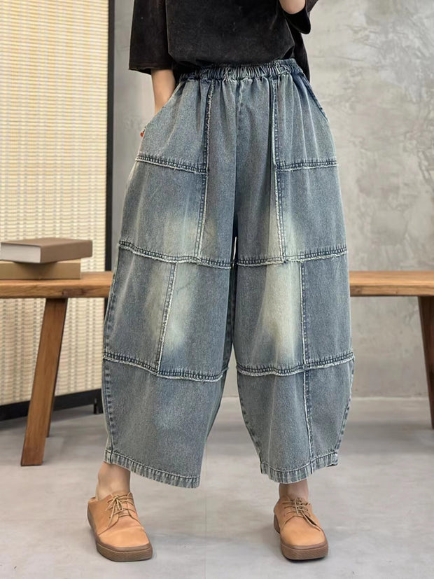 Women Artsy Washed Stitching Pocket Loose Denim Pants