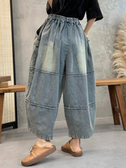 Women Artsy Washed Stitching Pocket Loose Denim Pants