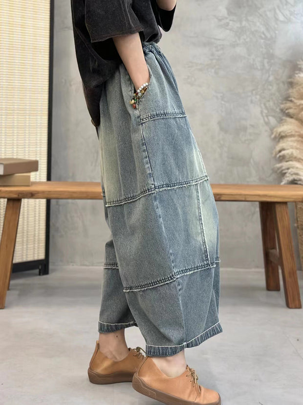 Women Artsy Washed Stitching Pocket Loose Denim Pants