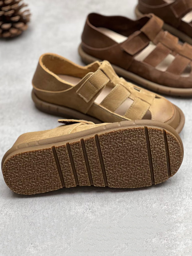 Women Summer Vintage Leather Knitted Solid Flat Shoes