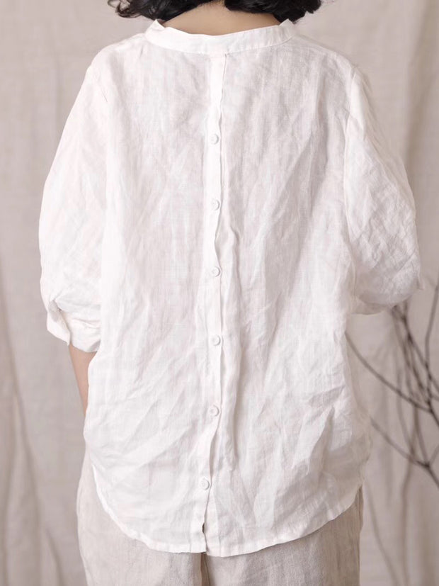 Women Summer Casual Solid Stitching V-neck Linen Shirt