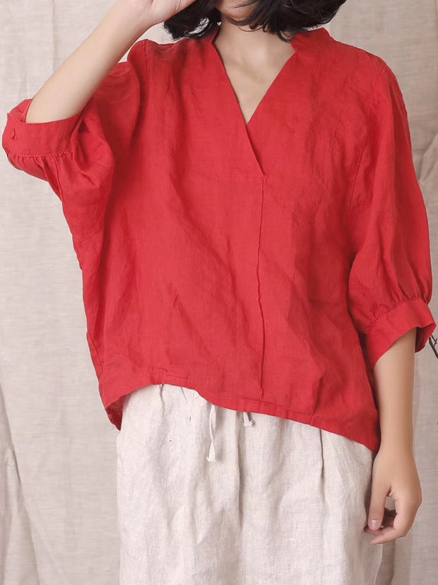 Women Summer Casual Solid Stitching V-neck Linen Shirt