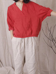 Women Summer Casual Solid Stitching V-neck Linen Shirt