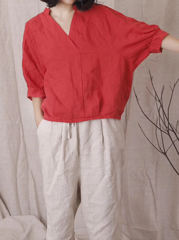 Women Summer Casual Solid Stitching V-neck Linen Shirt