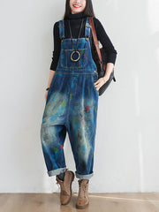Women Vintage Watercolor Print Washed Denim Jumpsuits
