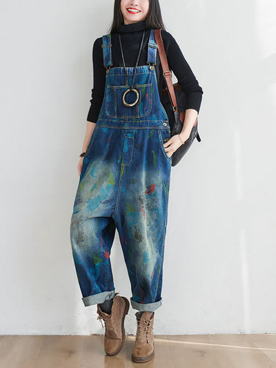 Women Vintage Watercolor Print Washed Denim Jumpsuits