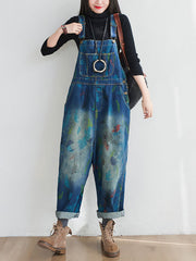 Women Vintage Watercolor Print Washed Denim Jumpsuits