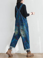 Women Vintage Watercolor Print Washed Denim Jumpsuits