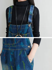 Women Vintage Watercolor Print Washed Denim Jumpsuits