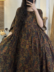 Plus Size Women Summer Vintage Floral Pleat Loose Dress