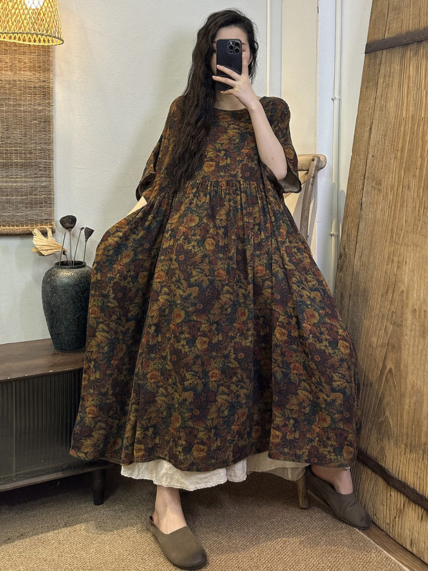 Plus Size Damen Sommerkleid mit Vintage-Blumenmuster und Falten