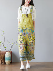 Women Summer Vintage Flower Print Pocket Denim Jumpsuits