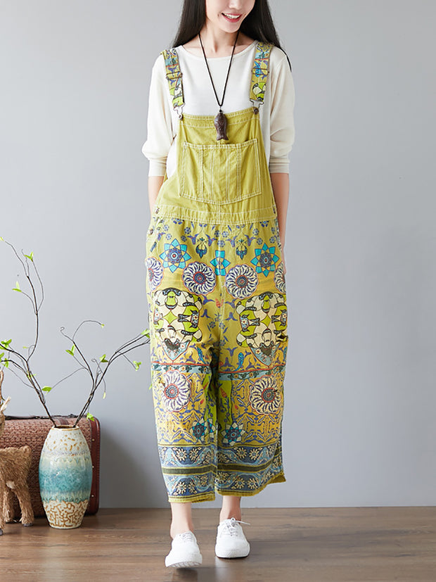 Women Summer Vintage Flower Print Pocket Denim Jumpsuits