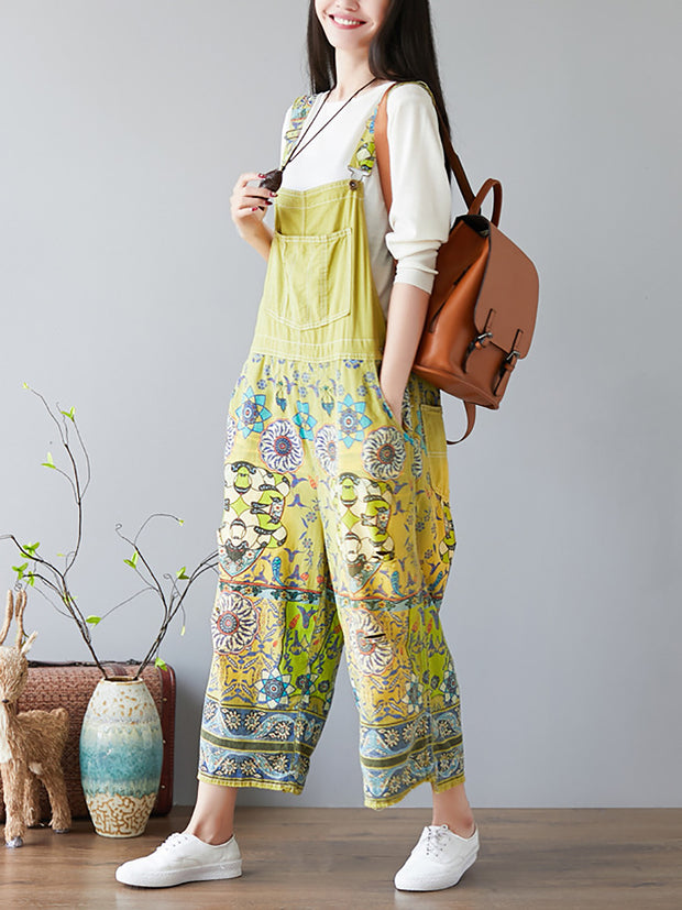 Frauen Sommer Vintage Blumendruck Tasche Denim Overalls