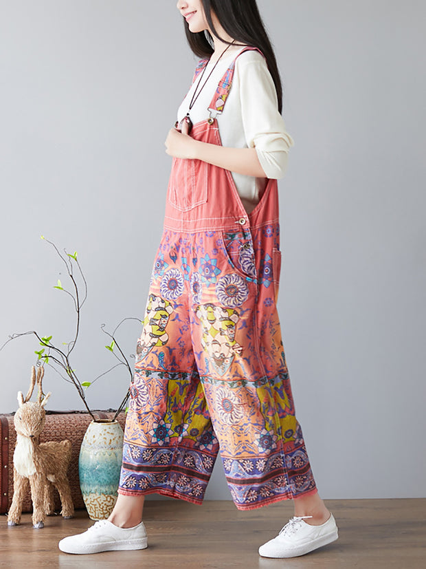 Frauen Sommer Vintage Blumendruck Tasche Denim Overalls