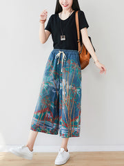 Women Summer Artsy Print Pocket Wide-leg Denim Pants