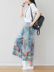 Women Summer Artsy Print Pocket Wide-leg Denim Pants
