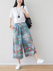 Women Summer Artsy Print Pocket Wide-leg Denim Pants