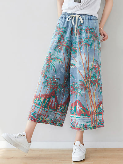 Women Summer Artsy Print Pocket Wide-leg Denim Pants