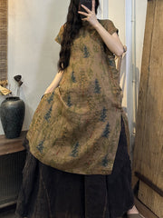 Plus Size Women Summer Vintage Floral Split Hem Ramie Robe Dress