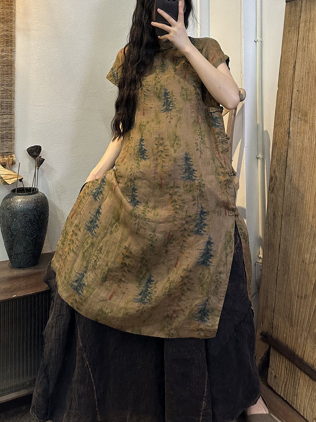 Plus Size Women Summer Vintage Floral Split Hem Ramie Robe Dress