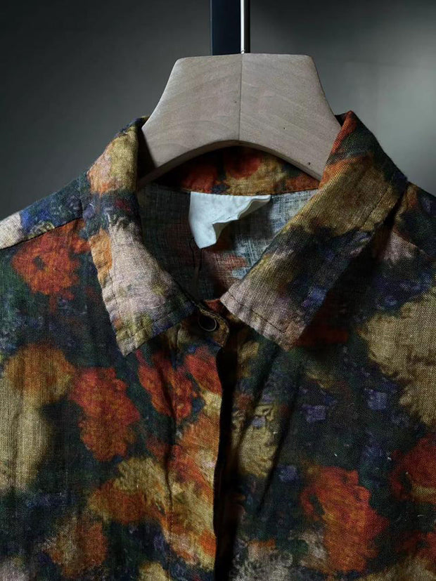 Plus Size Women Summer Vintage Floral Cardigan Linen Shirt