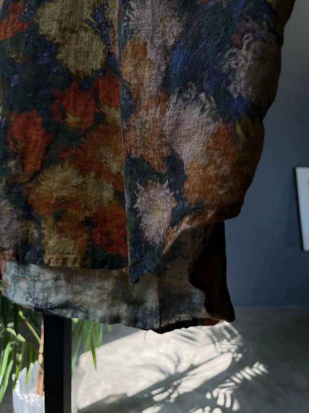 Plus Size Women Summer Vintage Floral Cardigan Linen Shirt