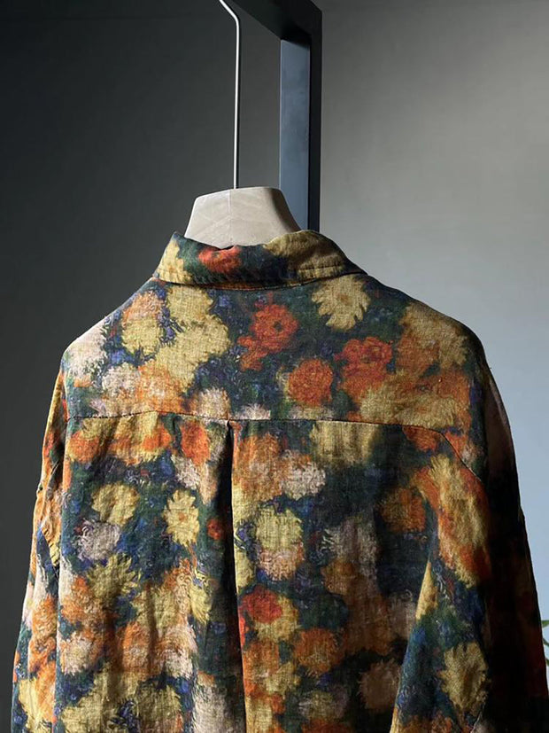 Plus Size Women Summer Vintage Floral Cardigan Linen Shirt