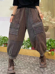 Damen-Haremshose mit Vintage-Streifen und Tasche, gespleißt