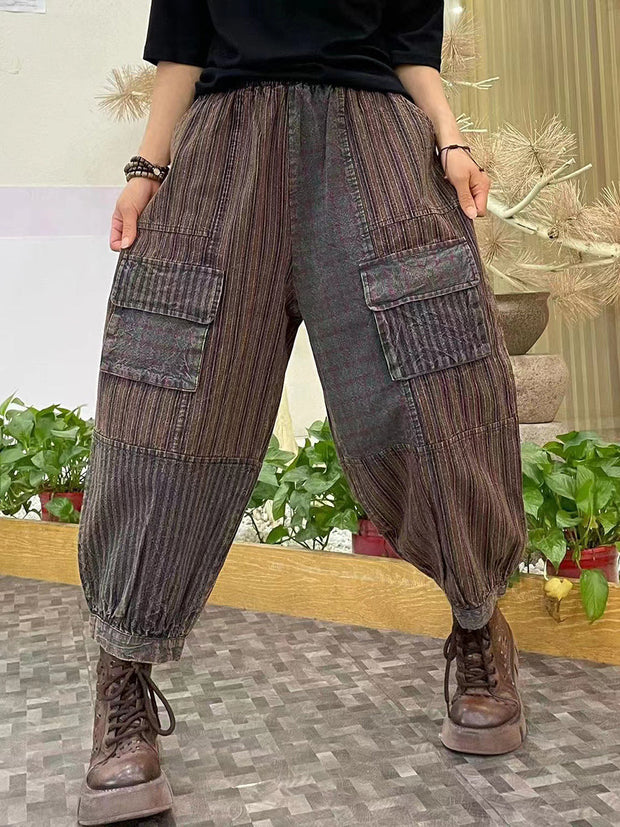 Damen-Haremshose mit Vintage-Streifen und Tasche, gespleißt
