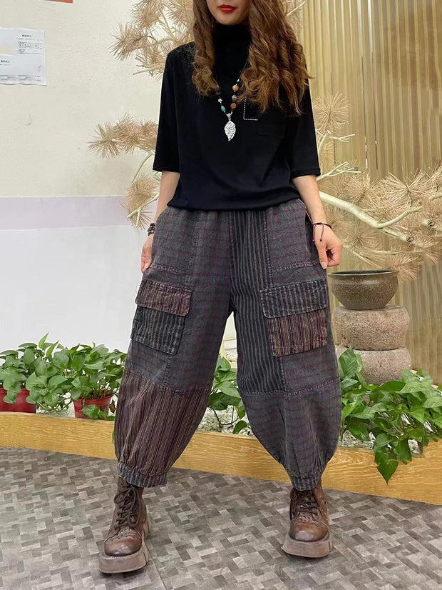 Damen-Haremshose mit Vintage-Streifen und Tasche, gespleißt