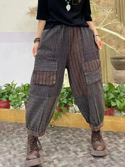 Damen-Haremshose mit Vintage-Streifen und Tasche, gespleißt