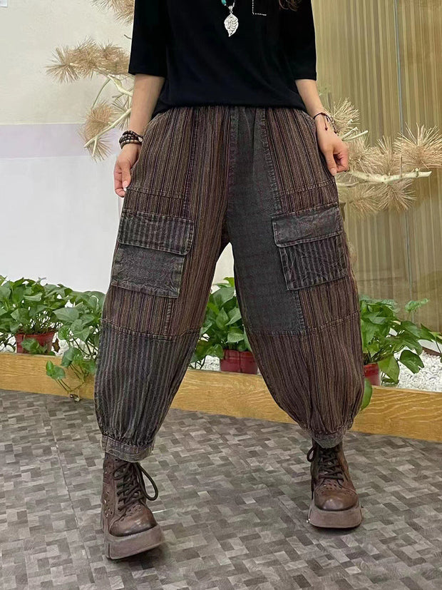 Damen-Haremshose mit Vintage-Streifen und Tasche, gespleißt