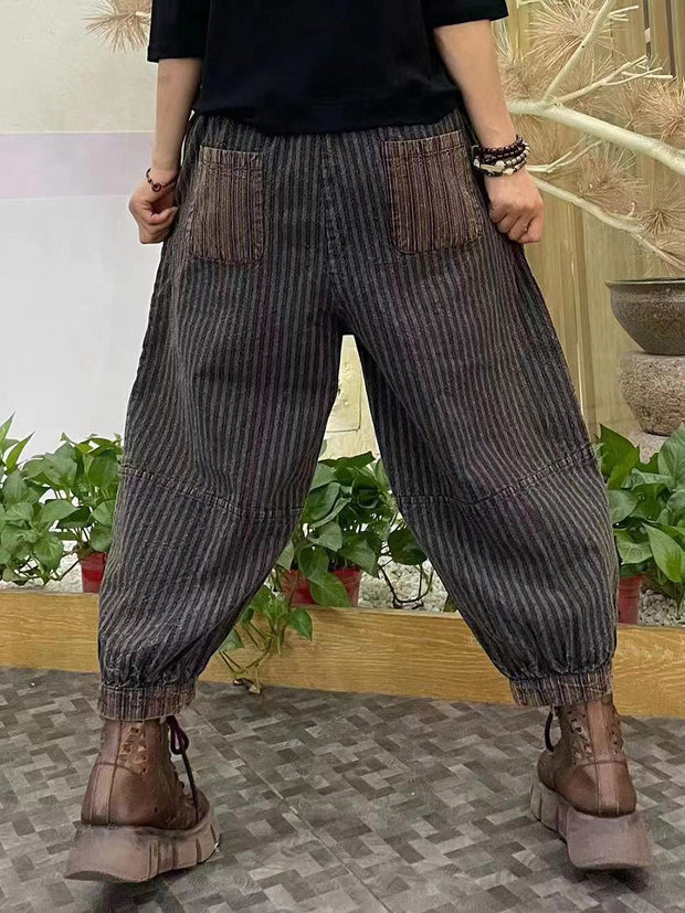 Damen-Haremshose mit Vintage-Streifen und Tasche, gespleißt