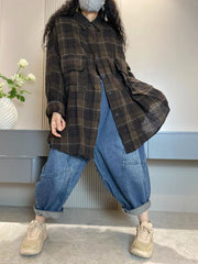 Plus Size Women Vintage Plaid Pocket Long Cardigan Shirt