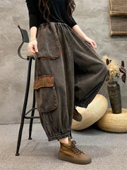 Women Retro Spliced Washed Pocket Harem Denim Pants