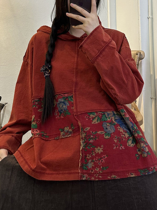 Plus Size Women Vintage Floral Patch Spliced Hooded Shirt